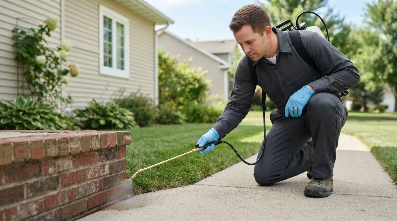 Pest control technician treating a home near Honeyville, UT